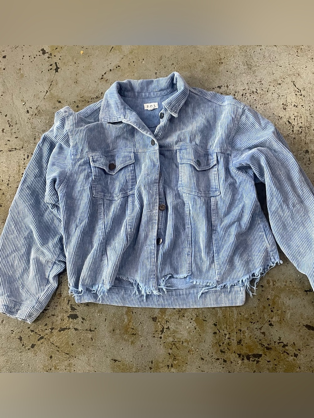 POL Light Blue Striped Corduroy Jacket with Raw Hem Size Medium